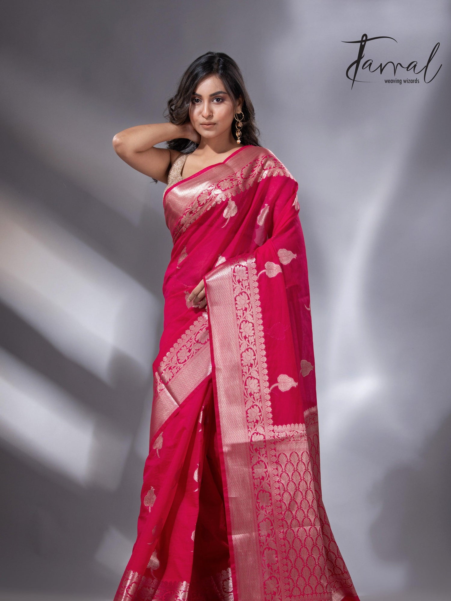 Hot pink with zari work organza silk leafy banarasi handloom saree