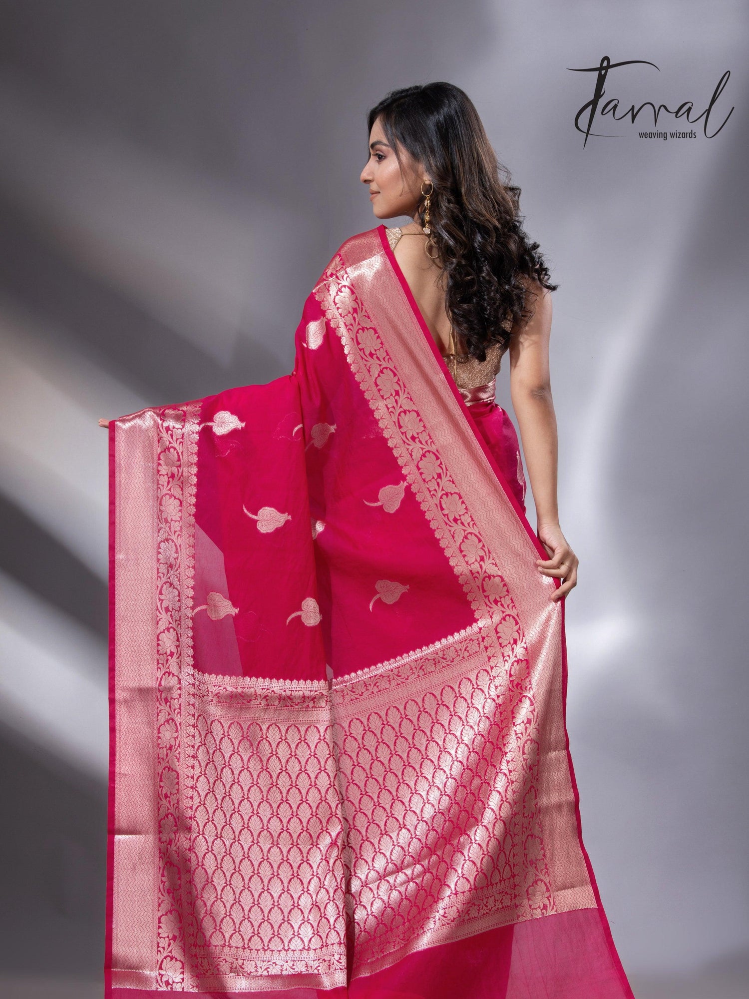 Hot pink with zari work organza silk leafy banarasi handloom saree back