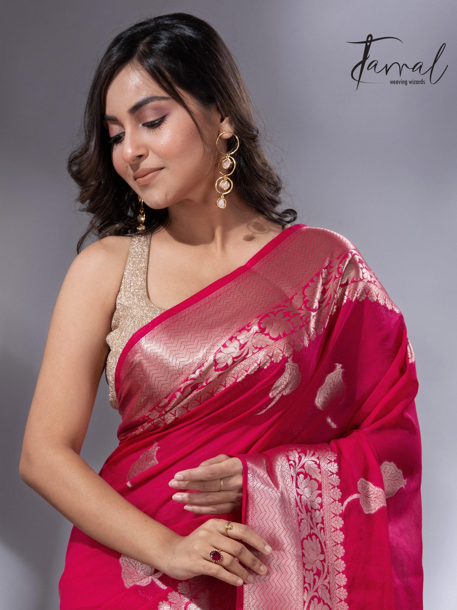 Hot pink with zari work organza silk leafy banarasi handloom saree cls