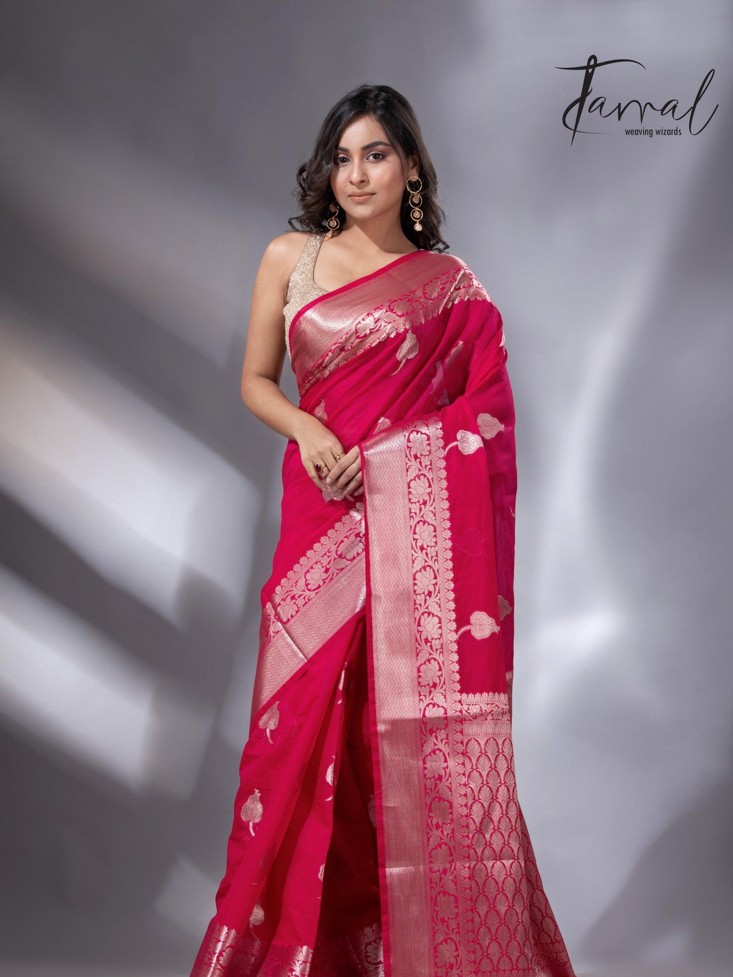 Hot pink with zari work organza silk leafy banarasi handloom saree cls4