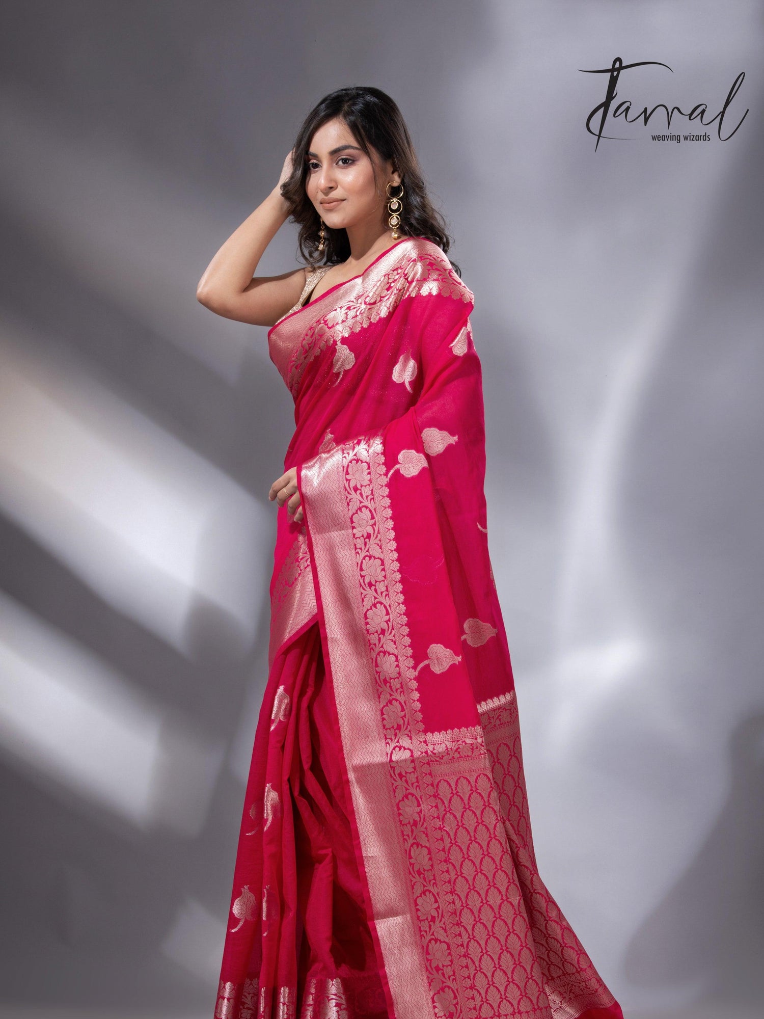 Hot pink with zari work organza silk leafy banarasi handloom saree left
