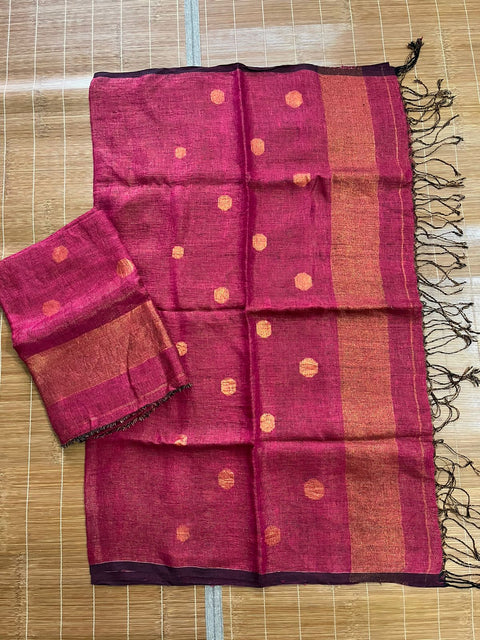 Hot pink colour zari linen handloom kurti & dupatta set