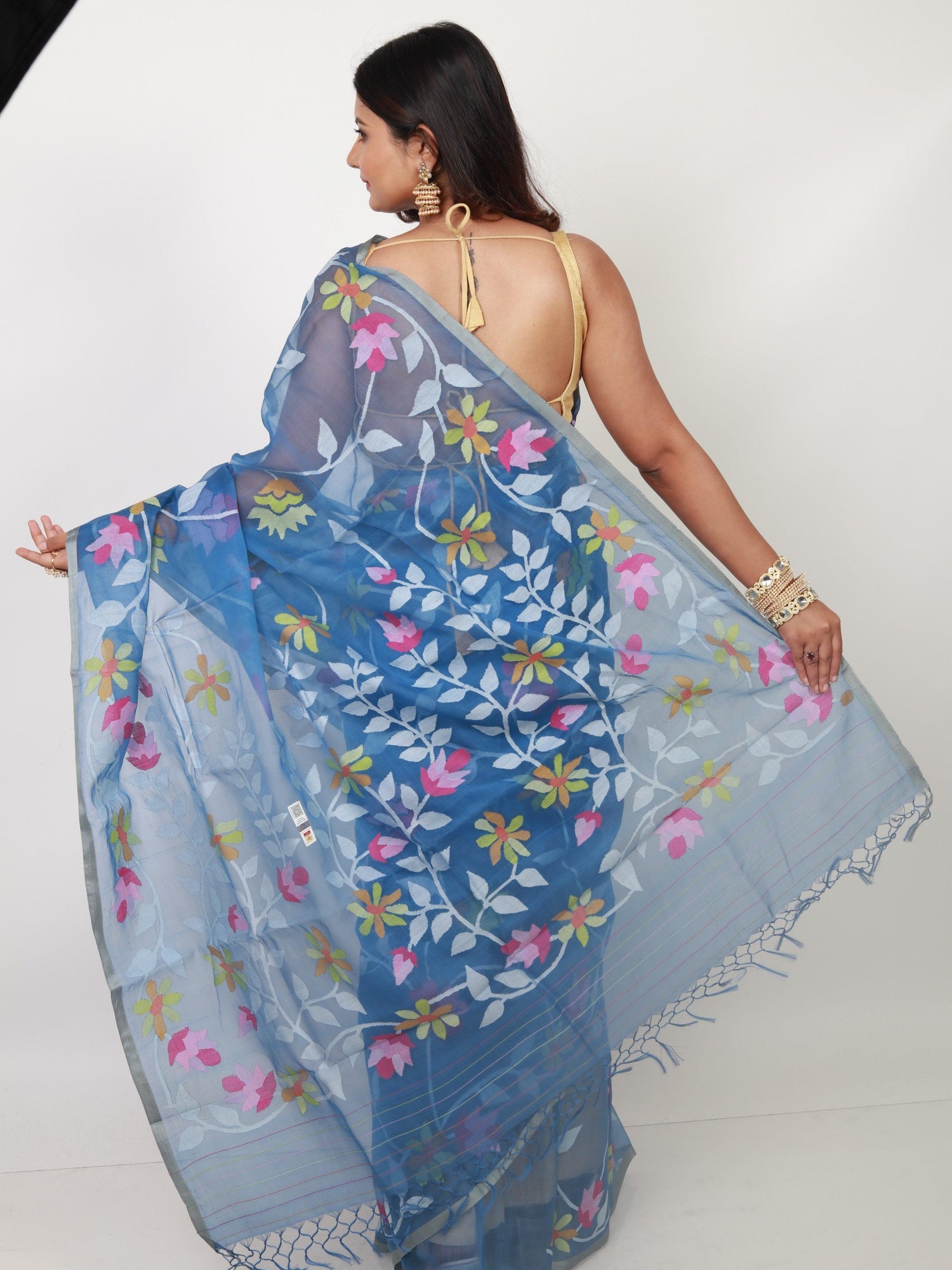 Blue With Multicolour Allover Floral Handwoven Jamdani Saree In Muslin Silk - Tamal Boutique