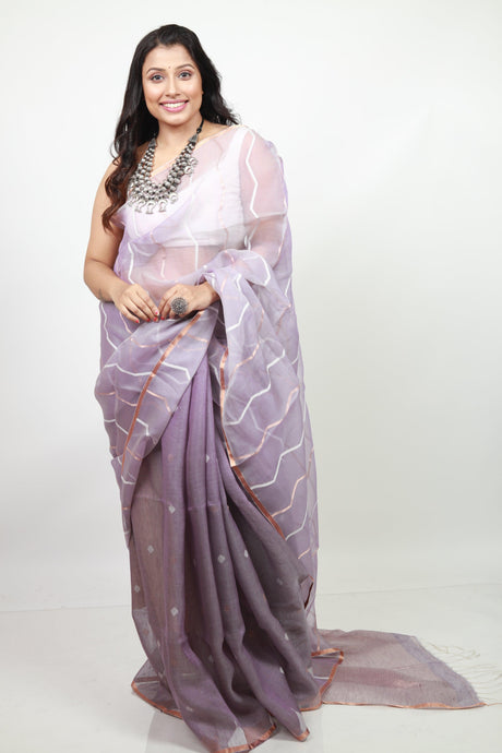 Lavender colour half silk & half linen temple border handwoven jamdani saree - Tamal Boutique