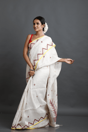 Offwhite with yellow border pure linen handwoven jamdani saree - Tamal Boutique