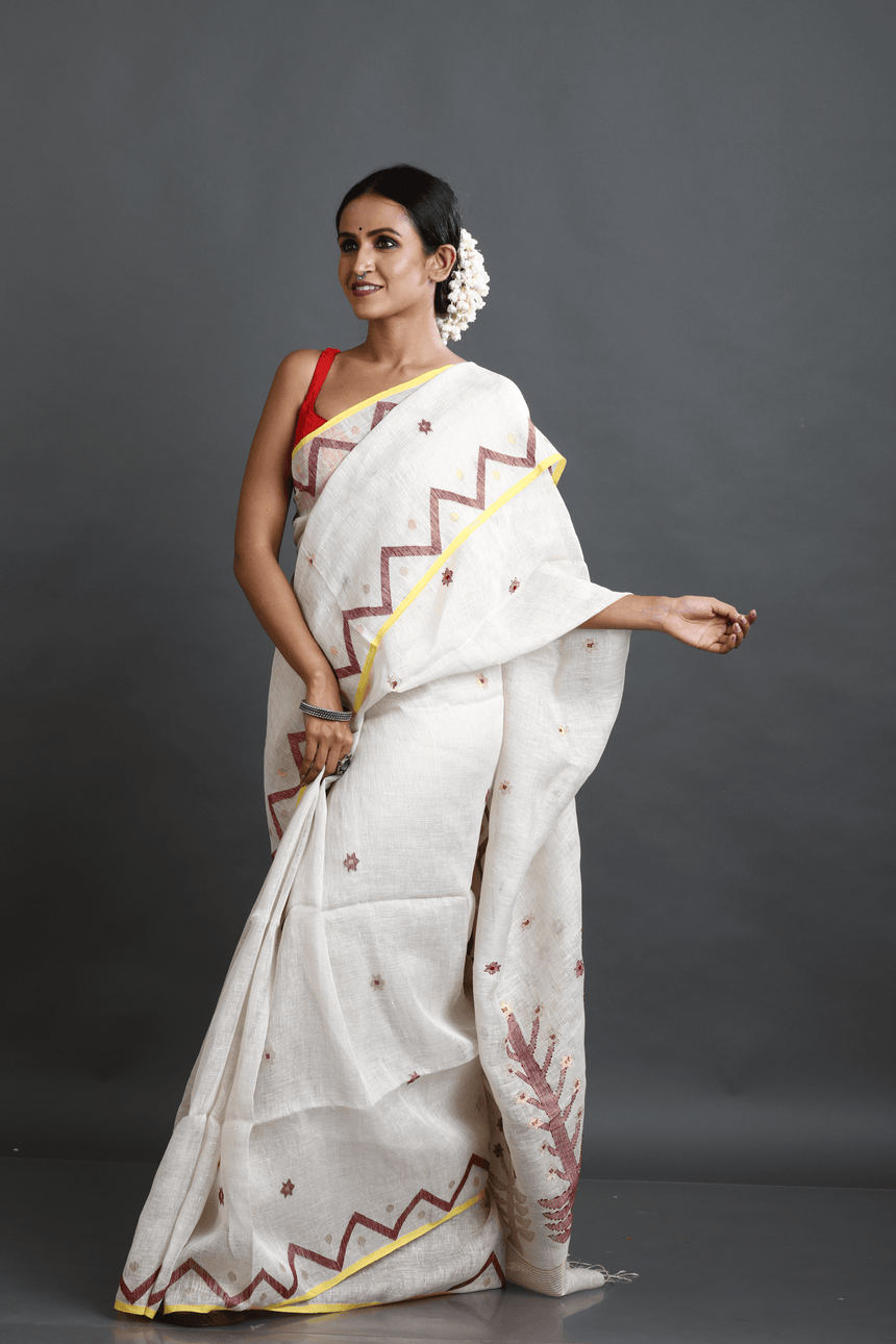 Offwhite with yellow border pure linen handwoven jamdani saree - Tamal Boutique