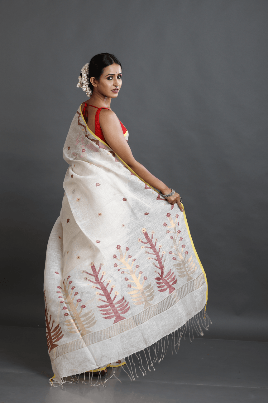 Offwhite with yellow border pure linen handwoven jamdani saree - Tamal Boutique