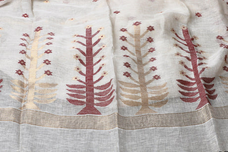 Offwhite with yellow border pure linen handwoven jamdani saree - Tamal Boutique