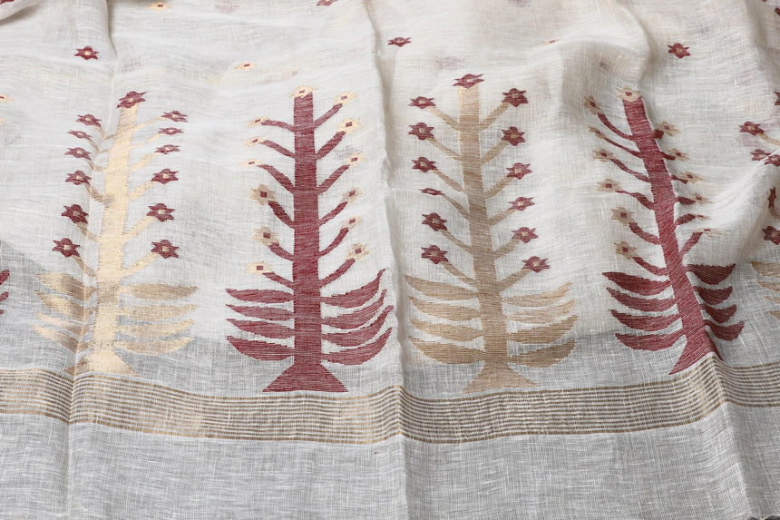 Offwhite with yellow border pure linen handwoven jamdani saree - Tamal Boutique