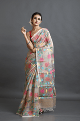 Beige with multi colour allover hibiscus motifs handwoven muslin silk jamdani saree - Tamal Boutique