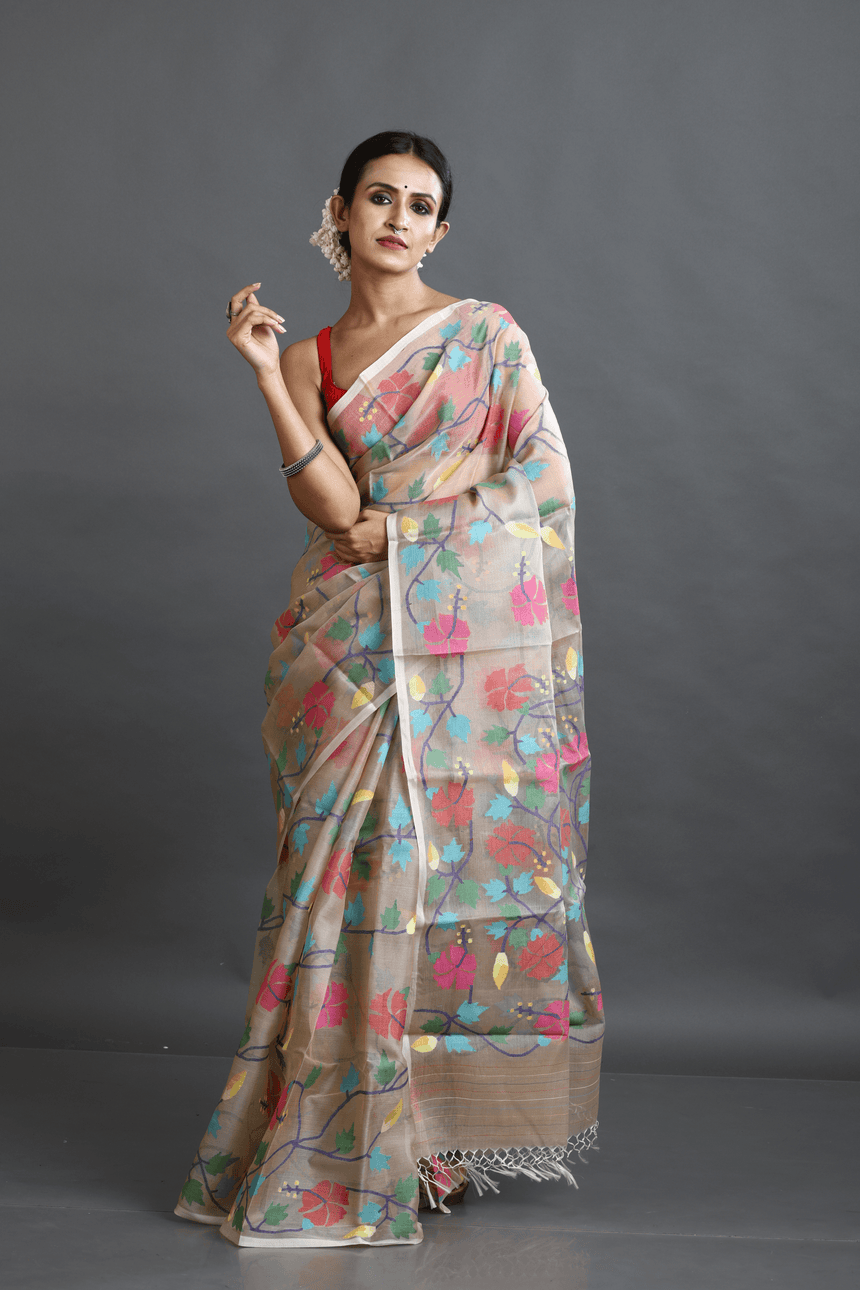 Beige with multi colour allover hibiscus motifs handwoven muslin silk jamdani saree - Tamal Boutique