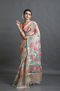 Beige with multi colour allover hibiscus motifs handwoven muslin silk jamdani saree - Tamal Boutique
