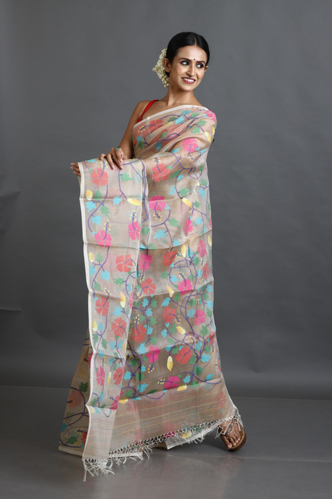 Beige with multi colour allover hibiscus motifs handwoven muslin silk jamdani saree