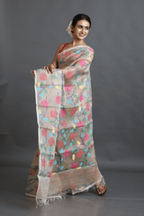 Beige with multi colour allover hibiscus motifs handwoven muslin silk jamdani saree - Tamal Boutique