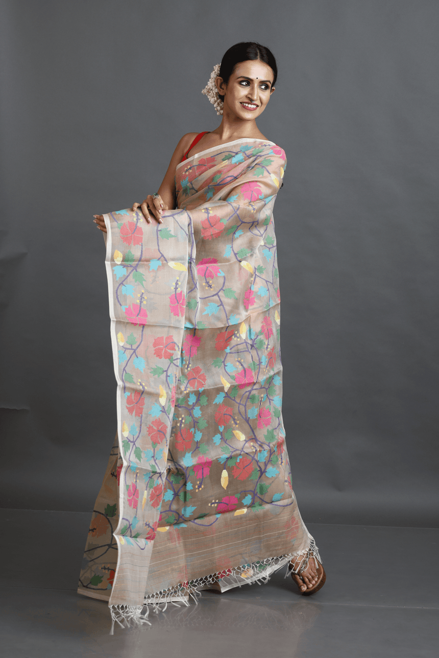 Beige with multi colour allover hibiscus motifs handwoven muslin silk jamdani saree - Tamal Boutique