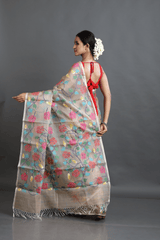 Beige with multi colour allover hibiscus motifs handwoven muslin silk jamdani saree - Tamal Boutique