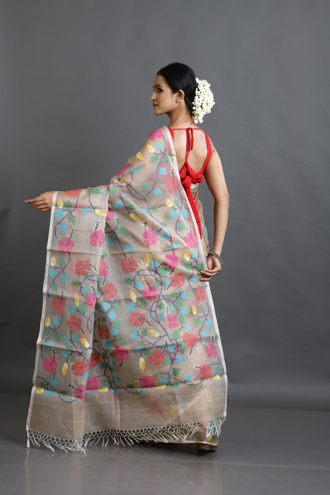 Beige with multi colour allover hibiscus motifs handwoven muslin silk jamdani saree
