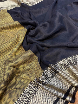 Cotton Linen Handloom Saree with Running Work Blouse Piece – Black