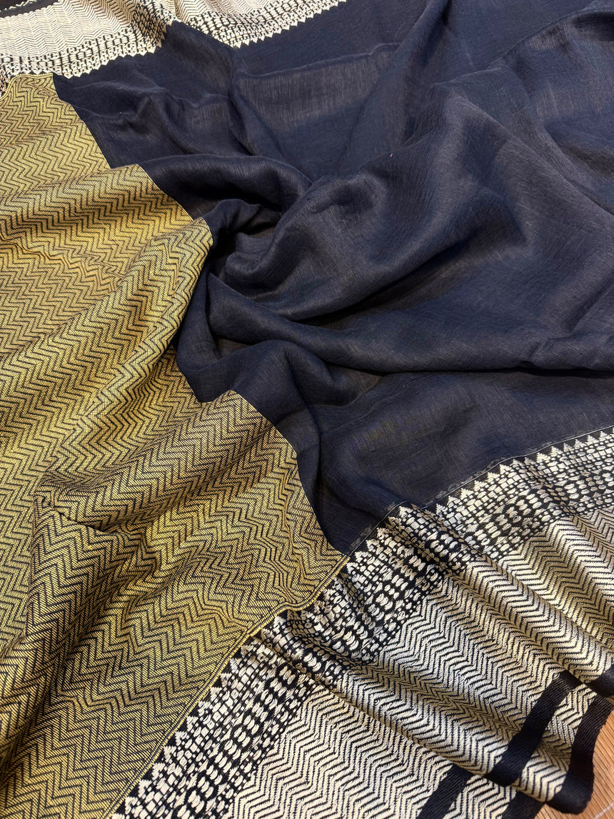 Cotton Linen Handloom Saree with Running Work Blouse Piece – Black