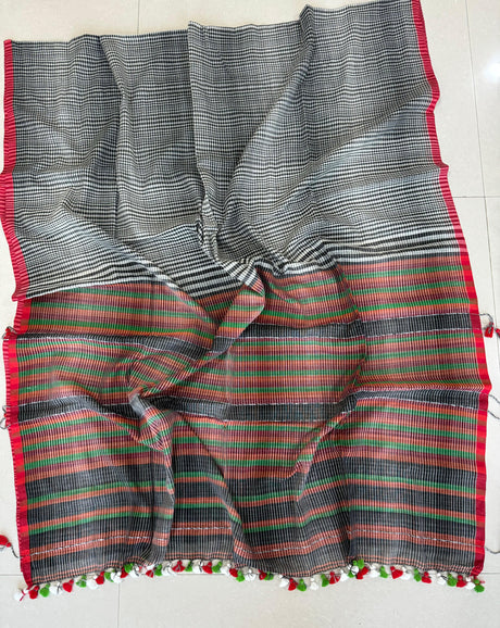 Red border with Ash & black mul cotton handloom checks - Tamal Boutique