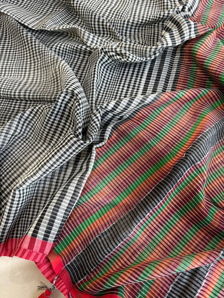 Red border with Ash & black mul cotton handloom checks - Tamal Boutique