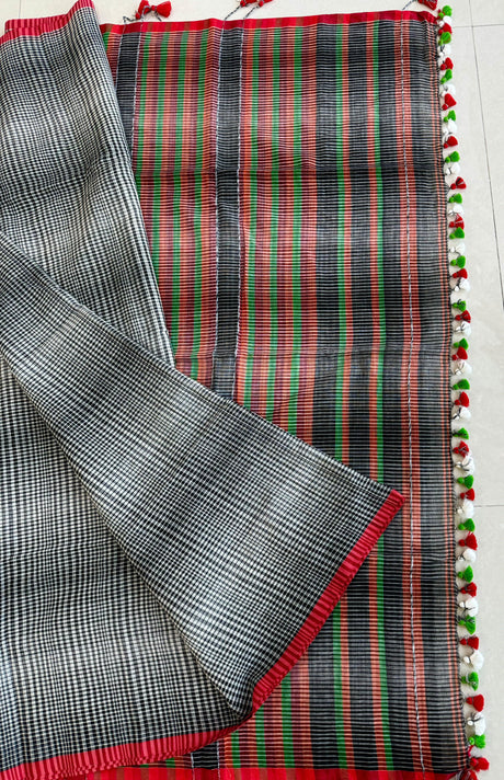 Red border with Ash & black mul cotton handloom checks - Tamal Boutique