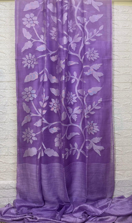 Lavender with white half & half muslin & matka silk handwoven jamdani saree - Tamal Boutique