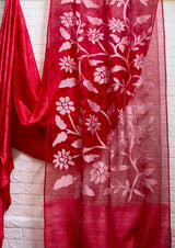 Red with white half & half muslin & matka silk handwoven jamdani saree - Tamal Boutique