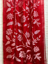 Red with white half & half muslin & matka silk handwoven jamdani saree - Tamal Boutique
