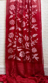 Red with white half & half muslin & matka silk handwoven jamdani saree - Tamal Boutique