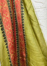 Lemon green with red border tussar silk handloom jamdani saree - Tamal Boutique