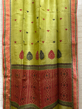 Lemon green with red border tussar silk handloom jamdani saree - Tamal Boutique