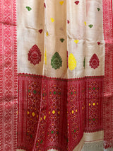 Muga with red border tussar silk handloom jamdani saree - Tamal Boutique