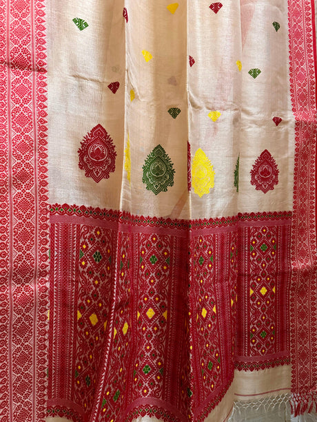 Muga with red border tussar silk handloom jamdani saree - Tamal Boutique