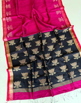 Rani with black golden lotus matka silk handwoven jamdani saree - Tamal Boutique