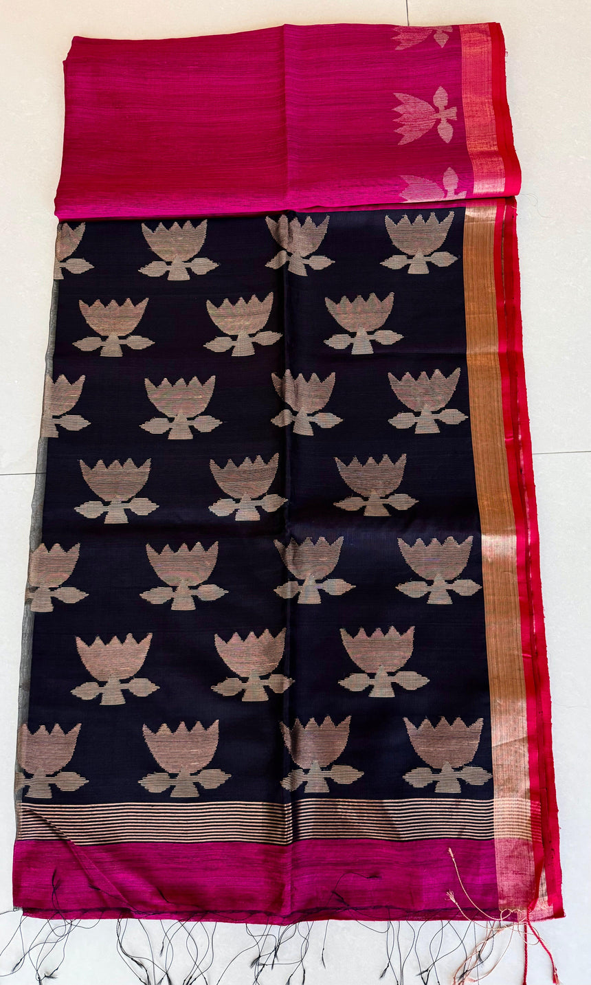 Rani with black golden lotus matka silk handwoven jamdani saree - Tamal Boutique