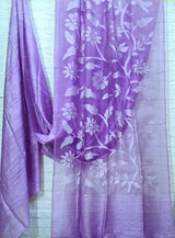 Lavender with white half & half muslin & matka silk handwoven jamdani saree - Tamal Boutique
