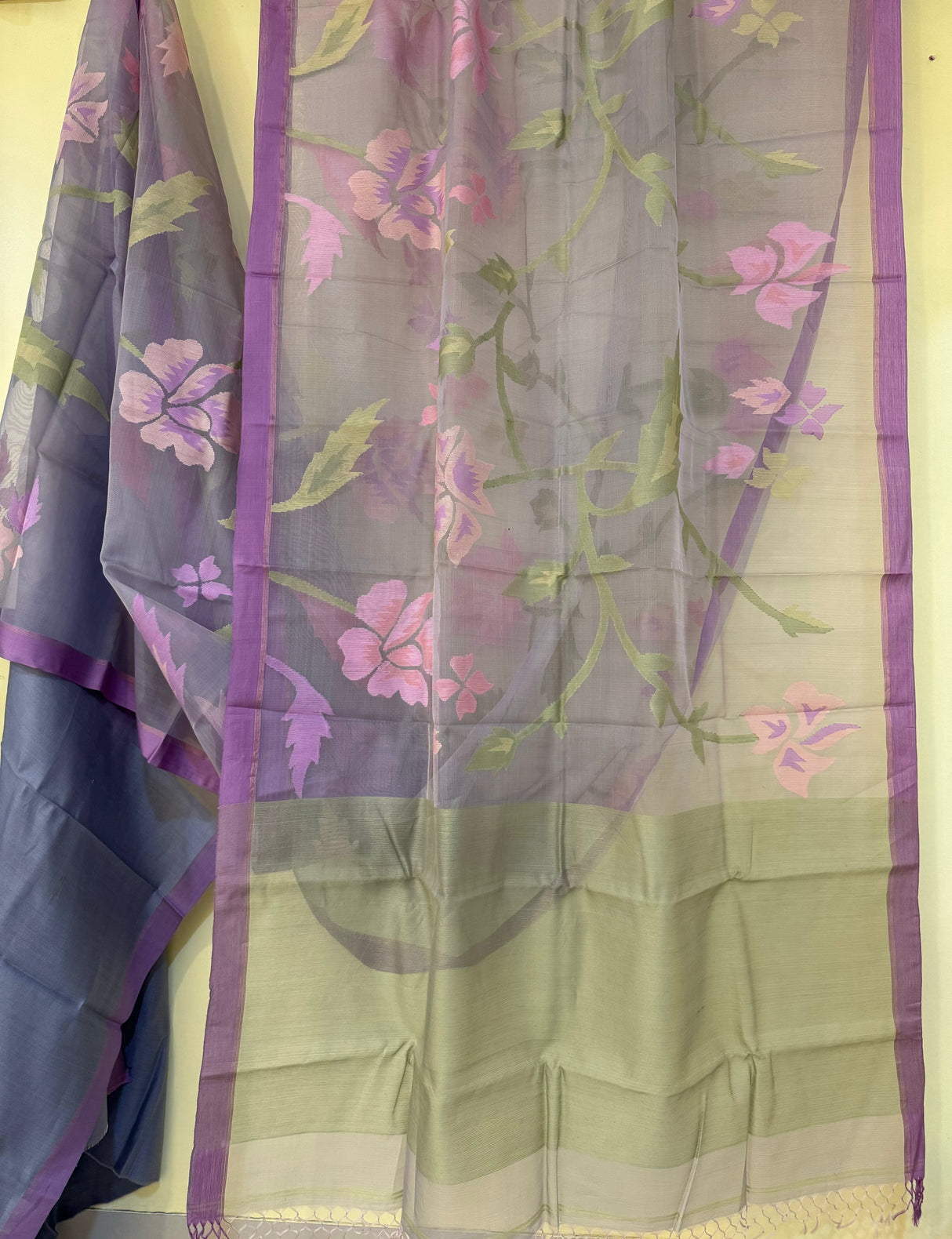 Grey with purple border allover muslin silk handwoven jamdani saree - Tamal Boutique