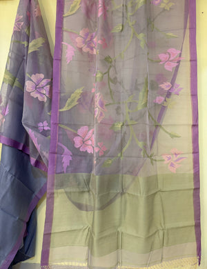 Grey with purple border allover muslin silk handwoven jamdani saree - Tamal Boutique