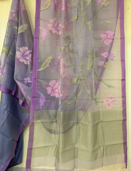 Grey with purple border allover muslin silk handwoven jamdani saree - Tamal Boutique