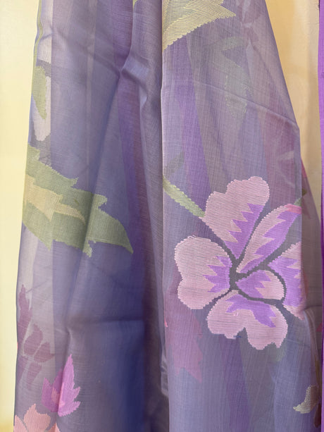 Grey with purple border allover muslin silk handwoven jamdani saree - Tamal Boutique