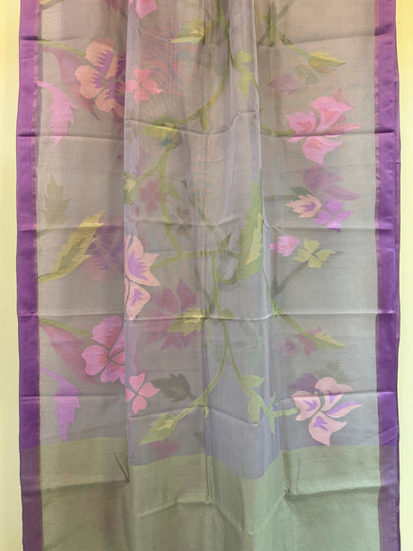 Grey with purple border allover muslin silk handwoven jamdani saree - Tamal Boutique