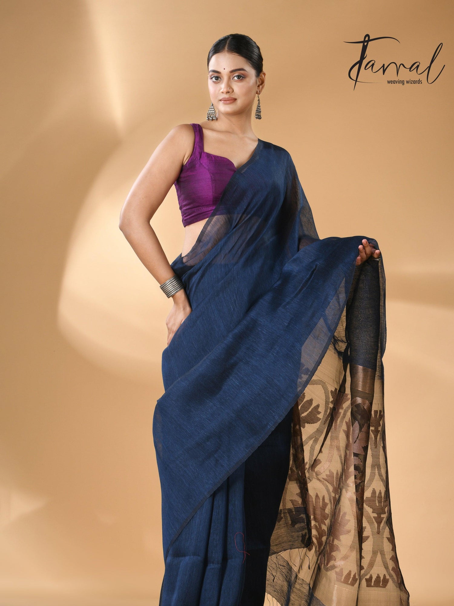 Indigo Silk Linen Handwoven Jamdani Saree with Golden Zari
