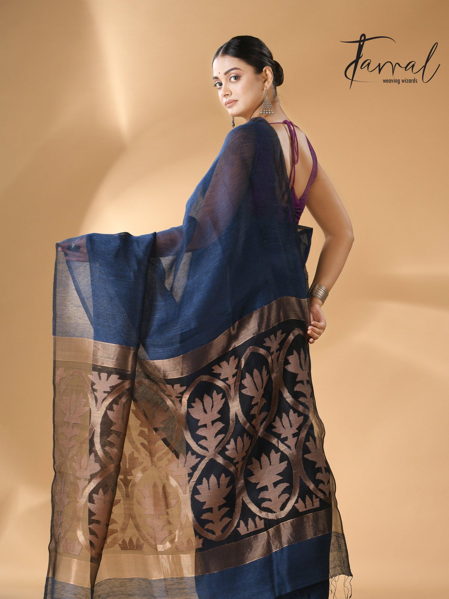 Indigo Silk Linen Handwoven Jamdani Saree with Golden Zari back