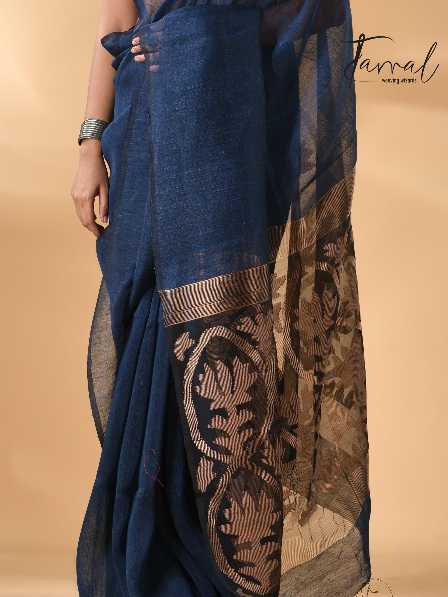 Indigo Silk Linen Handwoven Jamdani Saree with Golden Zari bottom