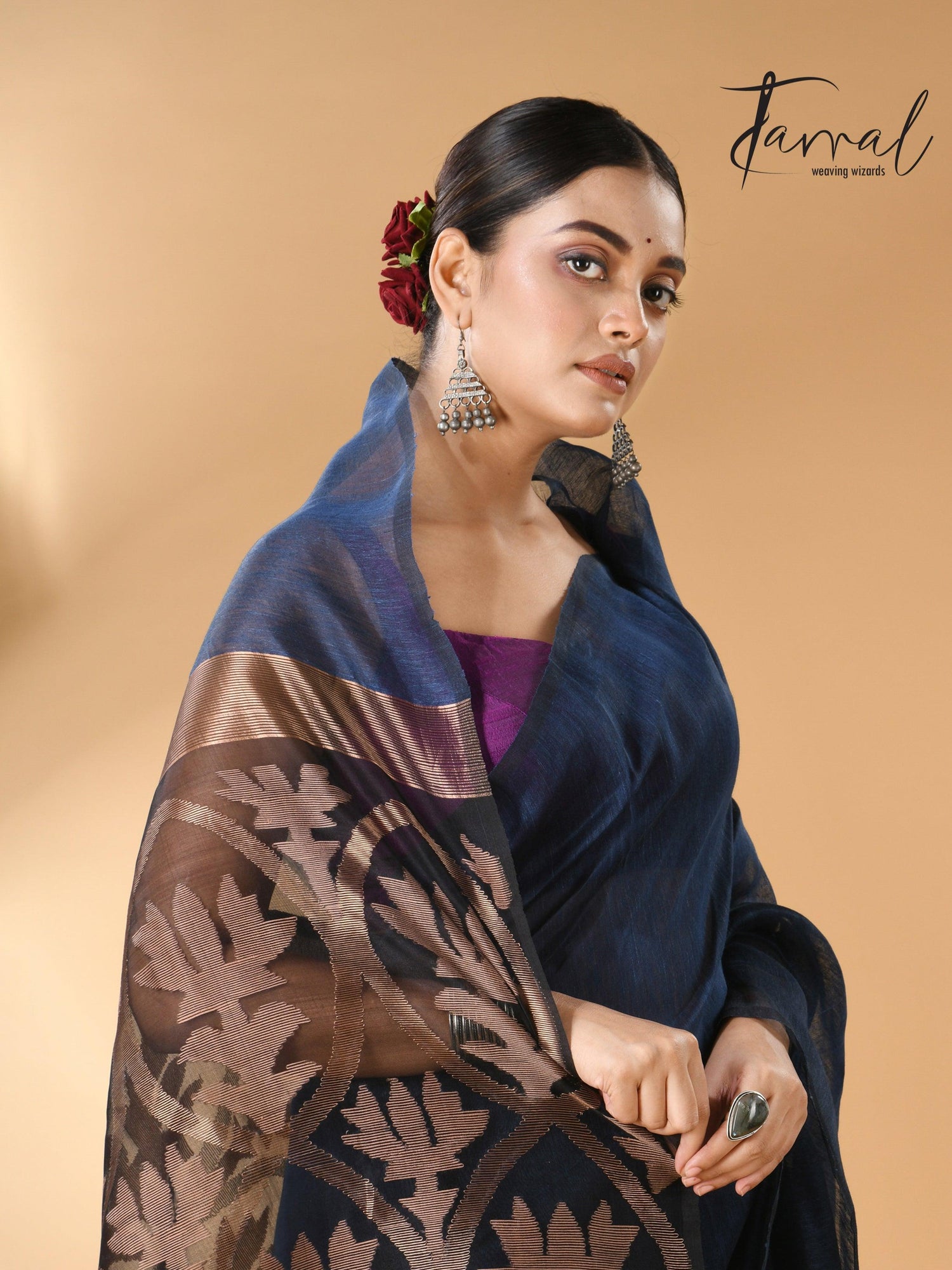 Indigo Silk Linen Handwoven Jamdani Saree with Golden Zari cls