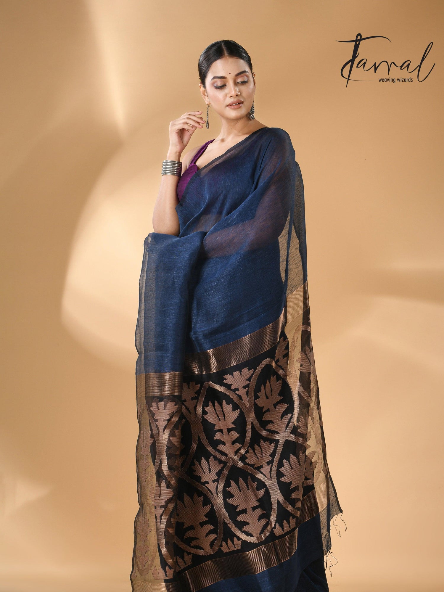 Indigo Silk Linen Handwoven Jamdani Saree with Golden Zari full