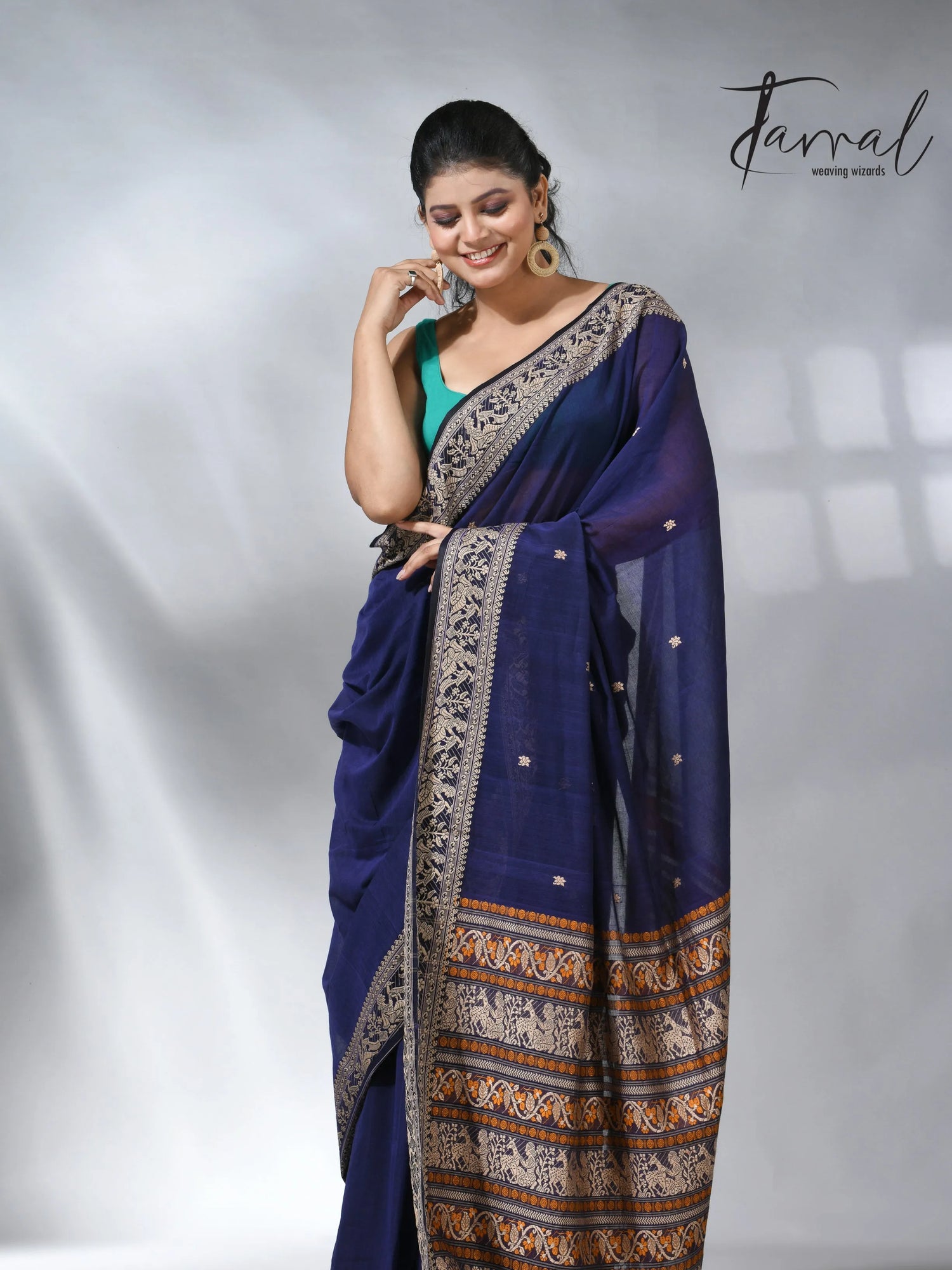 Indigo blue colour pure cotton baluchuri design handloom saree