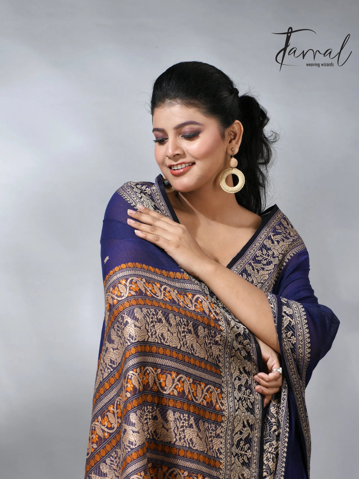 Indigo blue colour pure cotton baluchuri design handloom saree