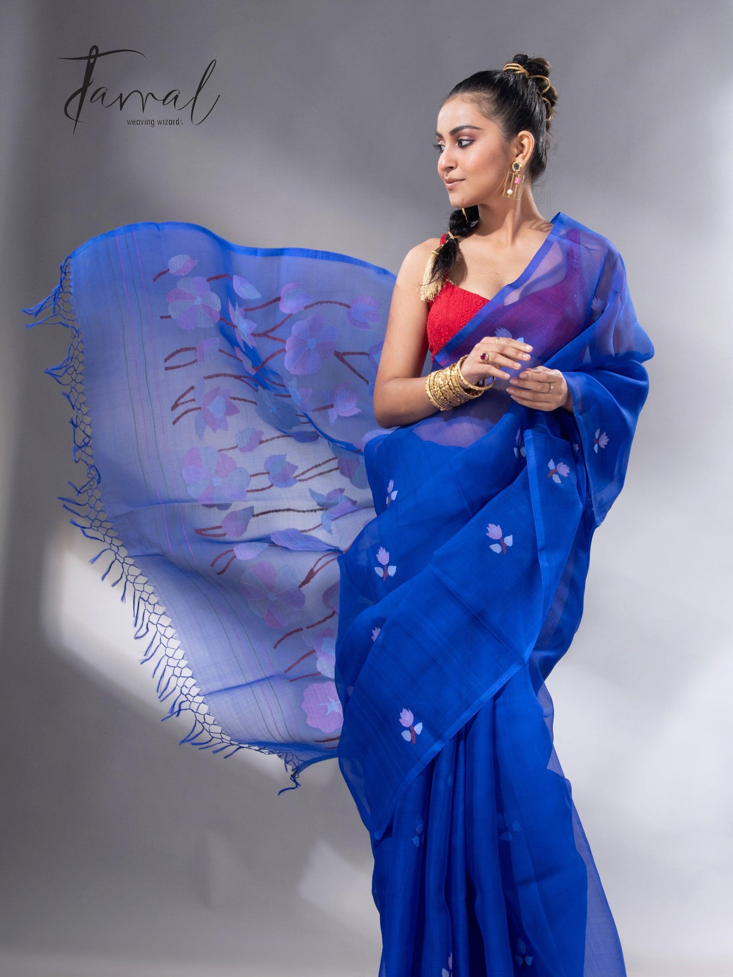 Indigo lotus pallu handwoven muslin silk jamdani saree